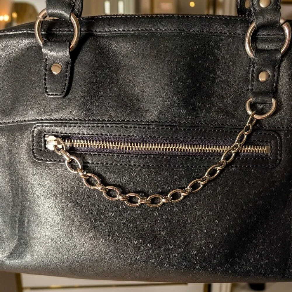 Jones New York Black Leather Satchel Bag Silver Chain Detail Y2K Medium